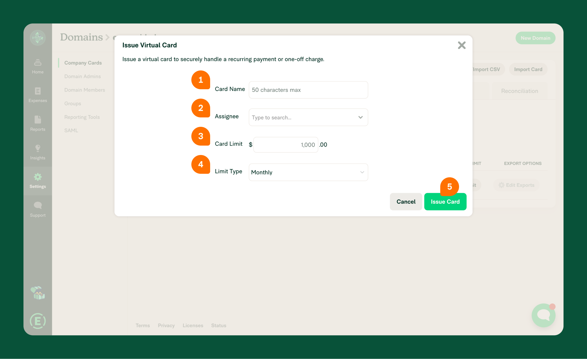 The Issue Virtual Cards modal is open in the middle of the screen. There are four options to set; Card Name, Assignee, Card Limit, and Limit type. A cancel (left) and save (right) button are at the bottom right of the modal.